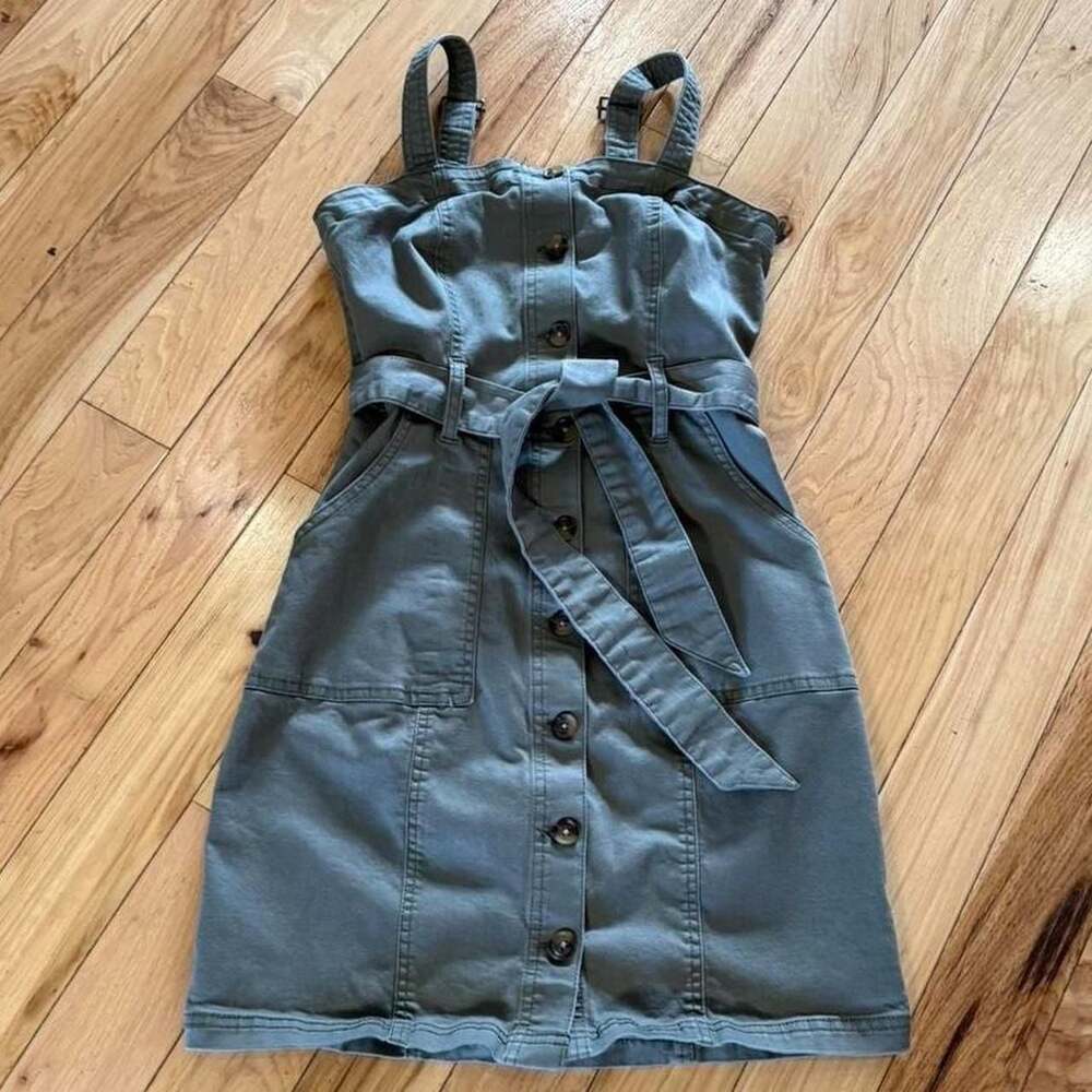 SO Button-Up Front Tie Waist Mini Dress Gray